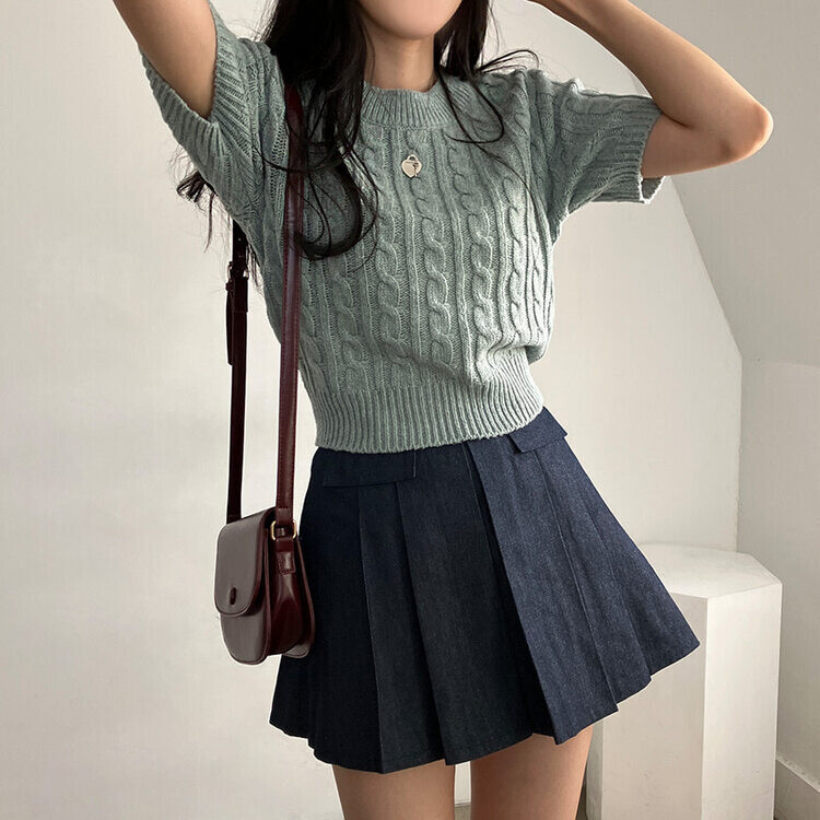 벤티 울 케이블 라운드 반팔 니트 민트