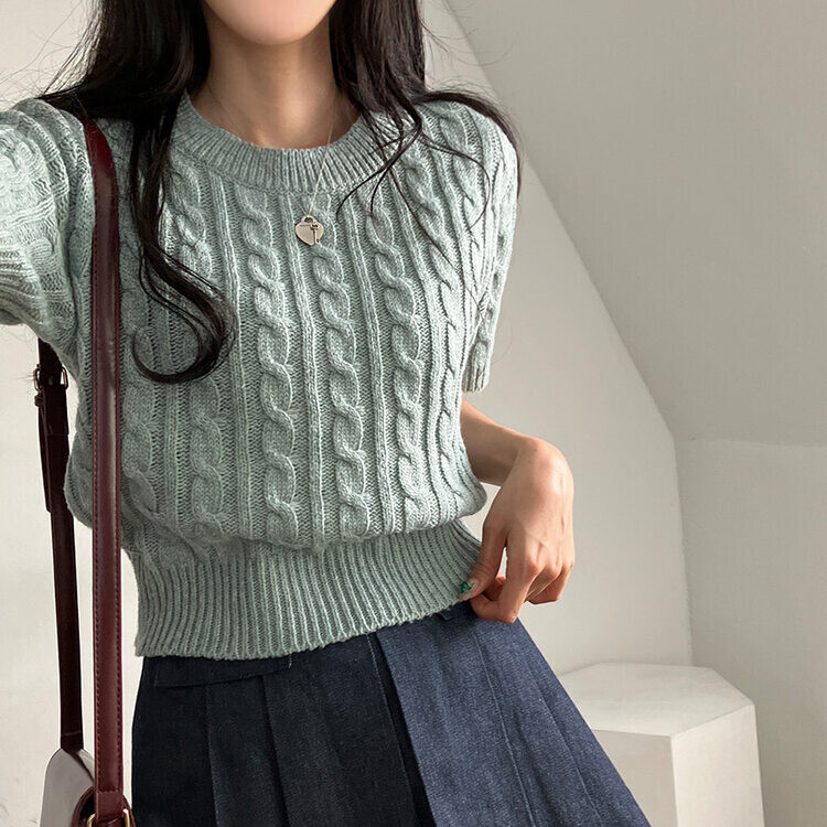 벤티 울 케이블 라운드 반팔 니트 민트