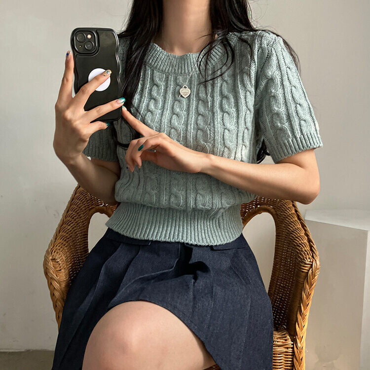 벤티 울 케이블 라운드 반팔 니트 민트