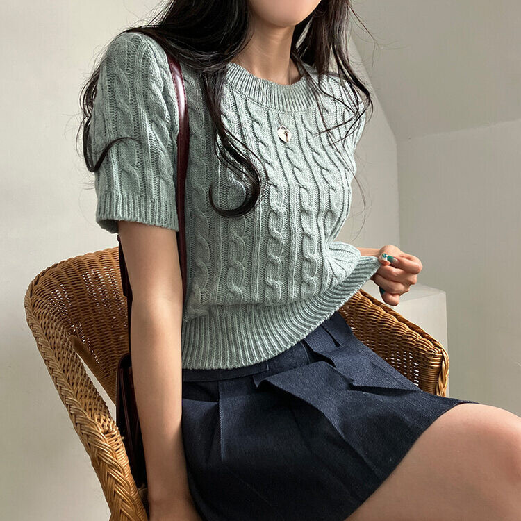 벤티 울 케이블 라운드 반팔 니트 민트