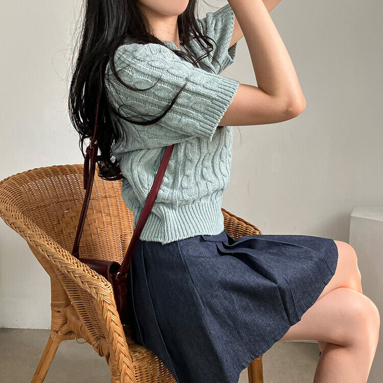 벤티 울 케이블 라운드 반팔 니트 민트