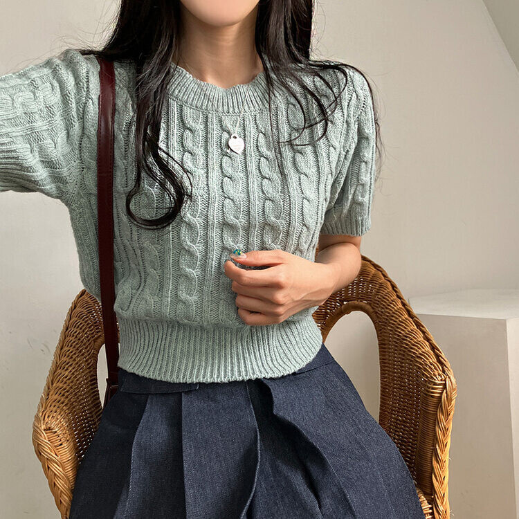 벤티 울 케이블 라운드 반팔 니트 민트