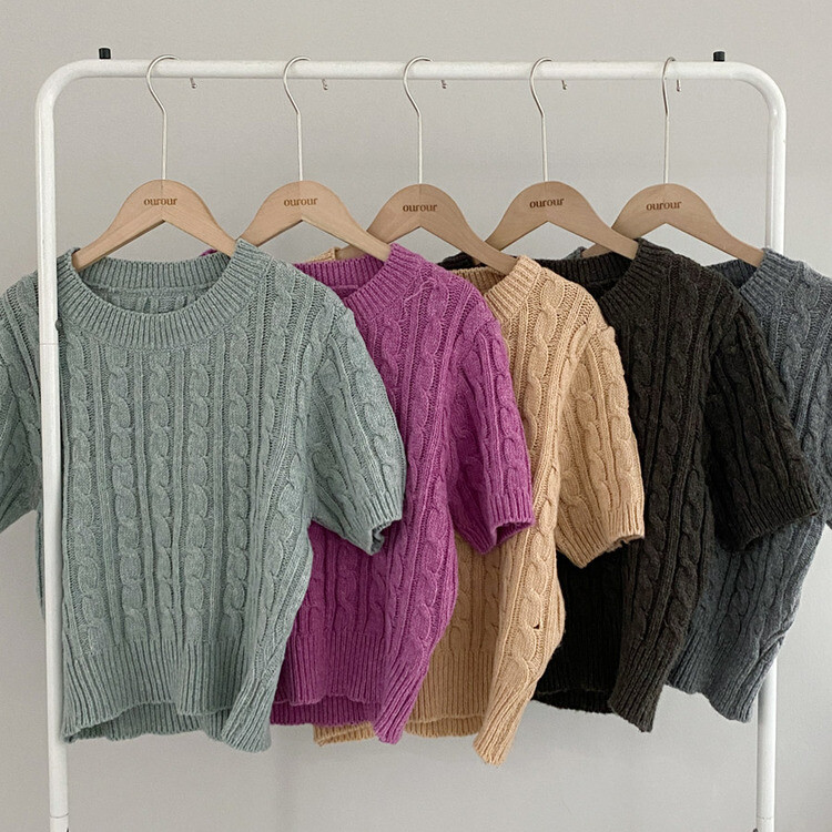 벤티 울 케이블 라운드 반팔 니트