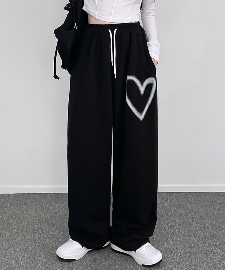 ハートプリントトレーニングワイドパンツ ブラック
