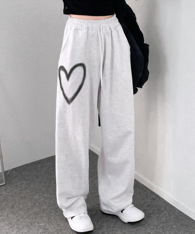 ハートプリントトレーニングワイドパンツ ホワイトメランジ