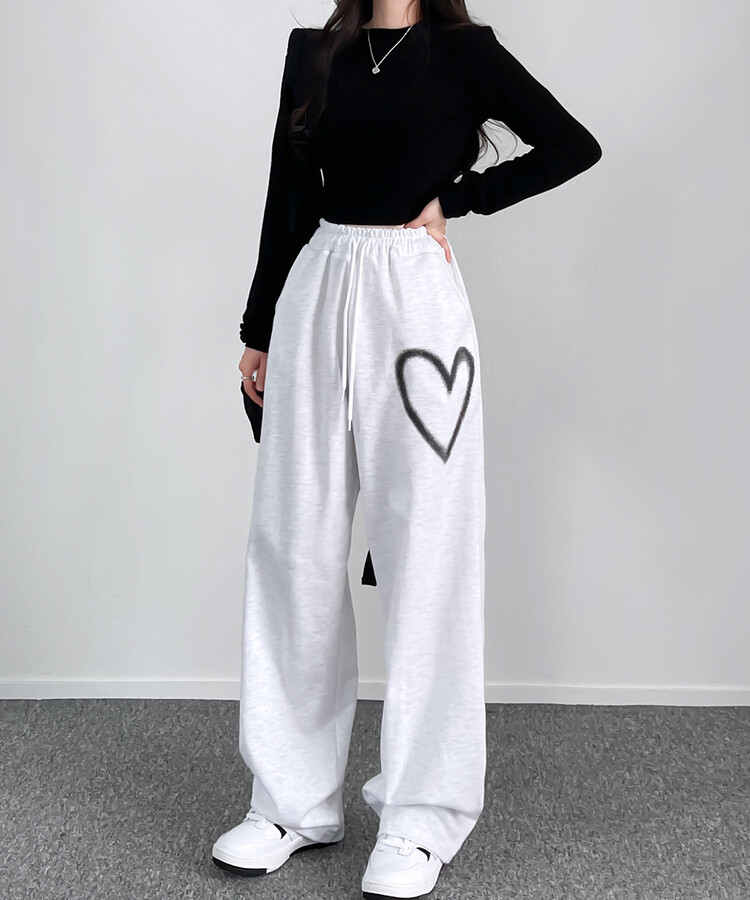ハートプリントトレーニングワイドパンツ ホワイトメランジ