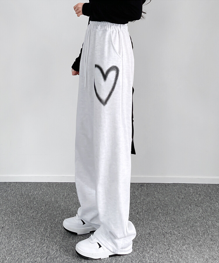 ハートプリントトレーニングワイドパンツ ホワイトメランジ
