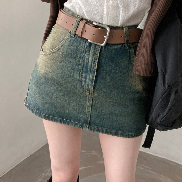 SET]ウォッシングデニムミニスカート(裏パンツ付き)+ベルト