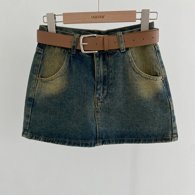 M.Y.O.B. デニムミニスカート+チェーンベルト SET]ウォッシングデニムミニスカート(裏パンツ付き)+ベルト｜ミニ