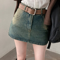 SET]ウォッシングデニムミニスカート(裏パンツ付き)+ベルト｜ミニ