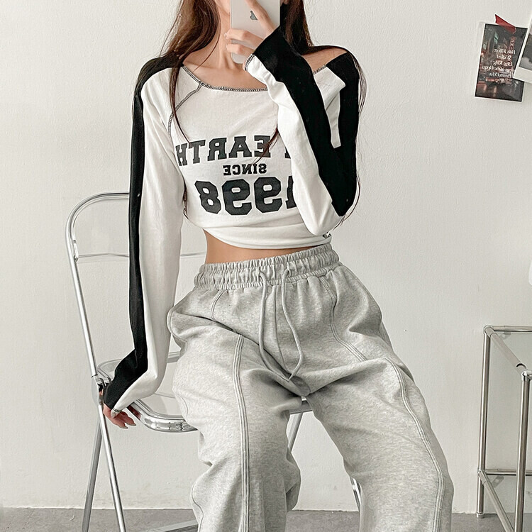 1998配色ステッチカットオフクロップ長袖Tシャツ｜長袖Tシャツ｜韓国