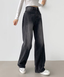 パンツ ストライプステッチロングワイドデニムパンツ WASHING BLACK