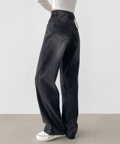 パンツ ストライプステッチロングワイドデニムパンツ WASHING BLACK