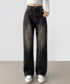 パンツ ストライプステッチロングワイドデニムパンツ VINTAGE BLACK BLUE