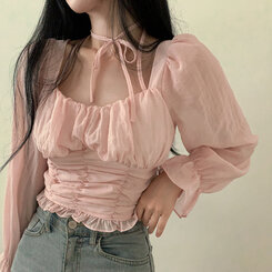 シフォンシャーリングホルターネックストラップリボンブラウス