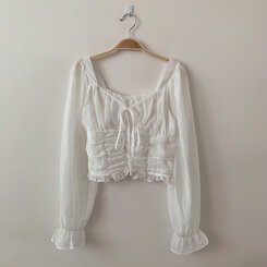 シフォンシャーリングホルターネックストラップリボンブラウス