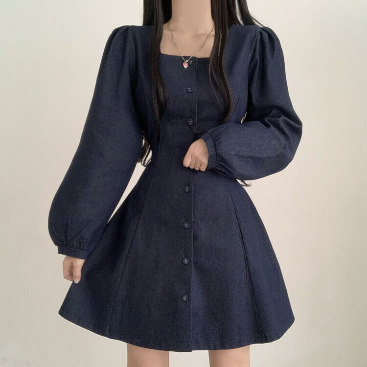 スクエアネックバルーンスリーブデニムボタンミニワンピース｜ミニ