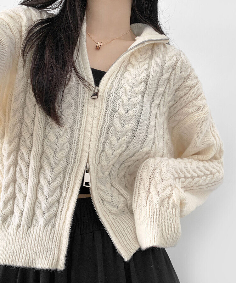 ハイネックダブルジップケーブルニットカーディガン｜ジャンパー｜韓国