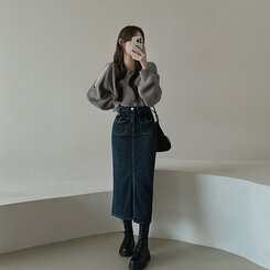 【美品】マンド-mando-ロングデニムスカート ポケットスリットウォッシングロングデニムスカート｜ミディ