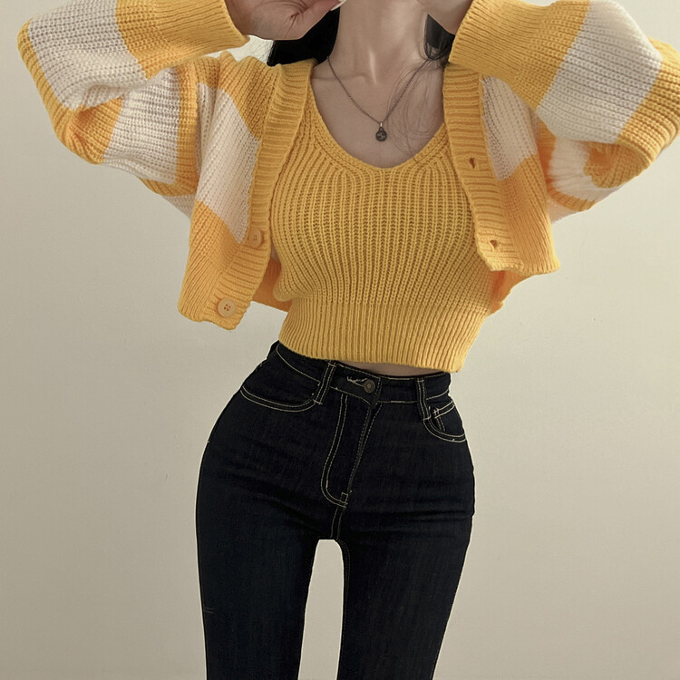【SET】クロップキャミソール ストライプカーディガン イエロー