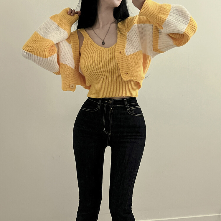 【SET】クロップキャミソール ストライプカーディガン イエロー