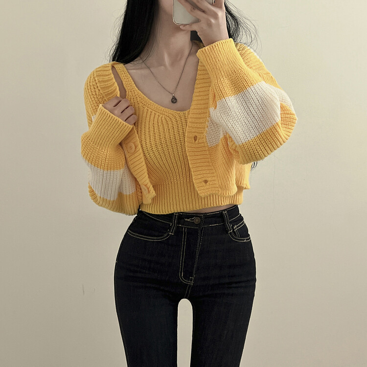 【SET】クロップキャミソール ストライプカーディガン イエロー