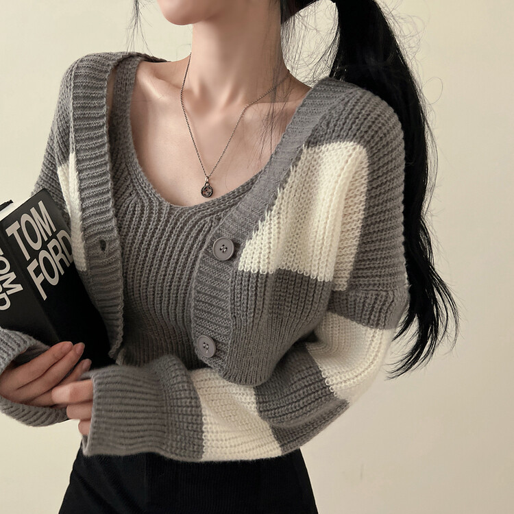 【SET】クロップキャミソール ストライプカーディガン グレー