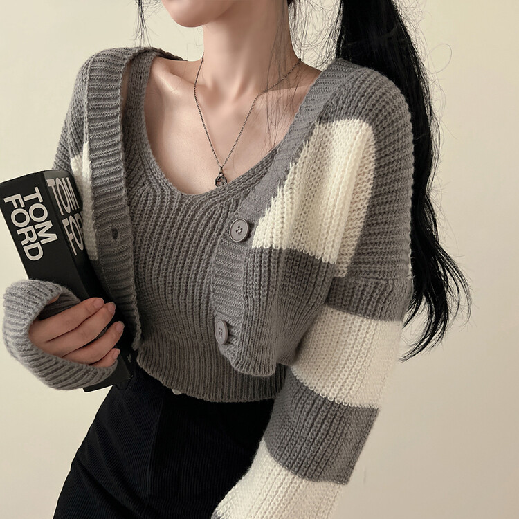 【SET】クロップキャミソール ストライプカーディガン グレー