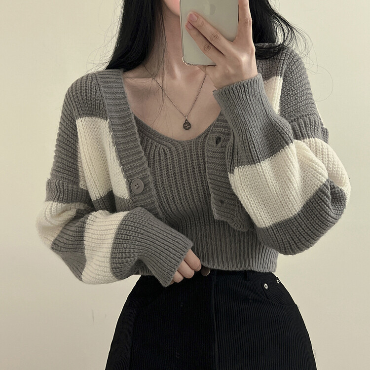 【SET】クロップキャミソール ストライプカーディガン グレー