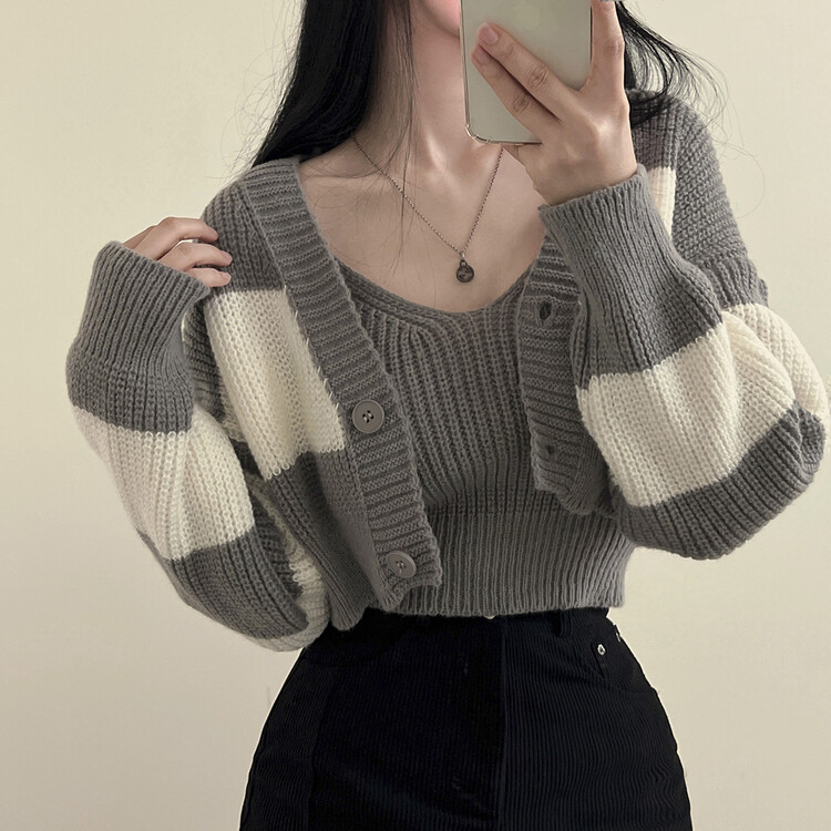 【SET】クロップキャミソール ストライプカーディガン グレー