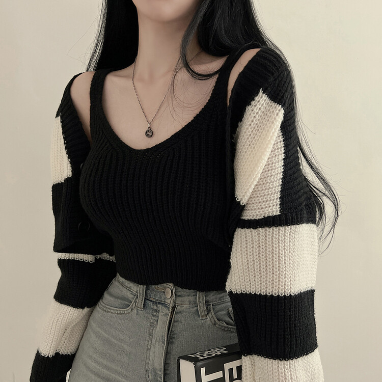 【SET】クロップキャミソール ストライプカーディガン ブラック