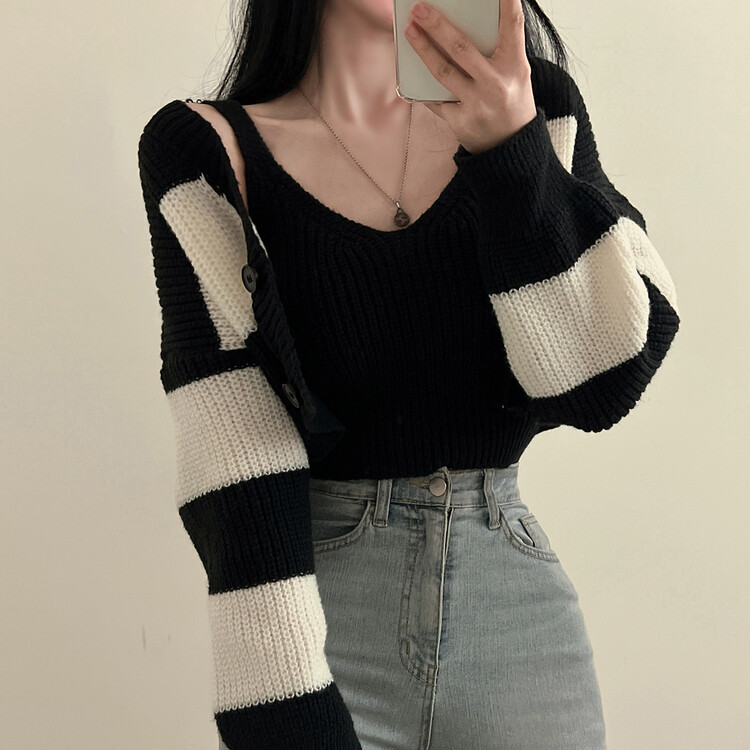 【SET】クロップキャミソール ストライプカーディガン ブラック