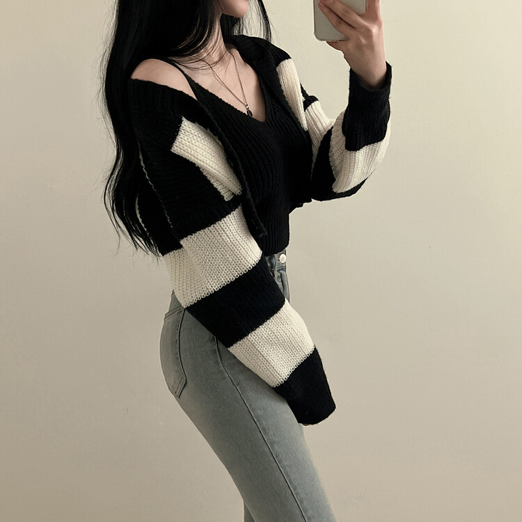 【SET】クロップキャミソール ストライプカーディガン ブラック