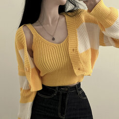 【SET】クロップキャミソール ストライプカーディガン イエロー