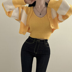 【SET】クロップキャミソール ストライプカーディガン イエロー