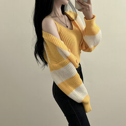 【SET】クロップキャミソール ストライプカーディガン イエロー