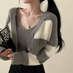 【SET】クロップキャミソール ストライプカーディガン グレー