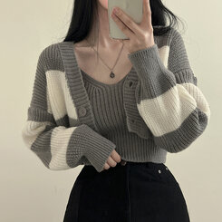 【SET】クロップキャミソール ストライプカーディガン グレー