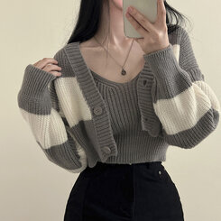 【SET】クロップキャミソール ストライプカーディガン グレー