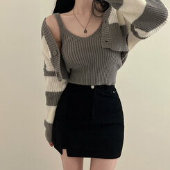 【SET】クロップキャミソール ストライプカーディガン グレー