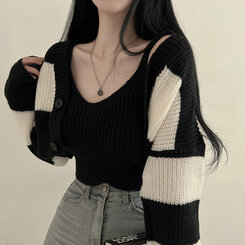 【SET】クロップキャミソール ストライプカーディガン ブラック