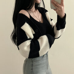 【SET】クロップキャミソール ストライプカーディガン ブラック