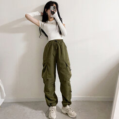 カーゴパンツ カーキ フリンジ装飾 ドローストリング ドローストリングナイロンカーゴパンツ5色｜ワイド｜韓国ファッション
