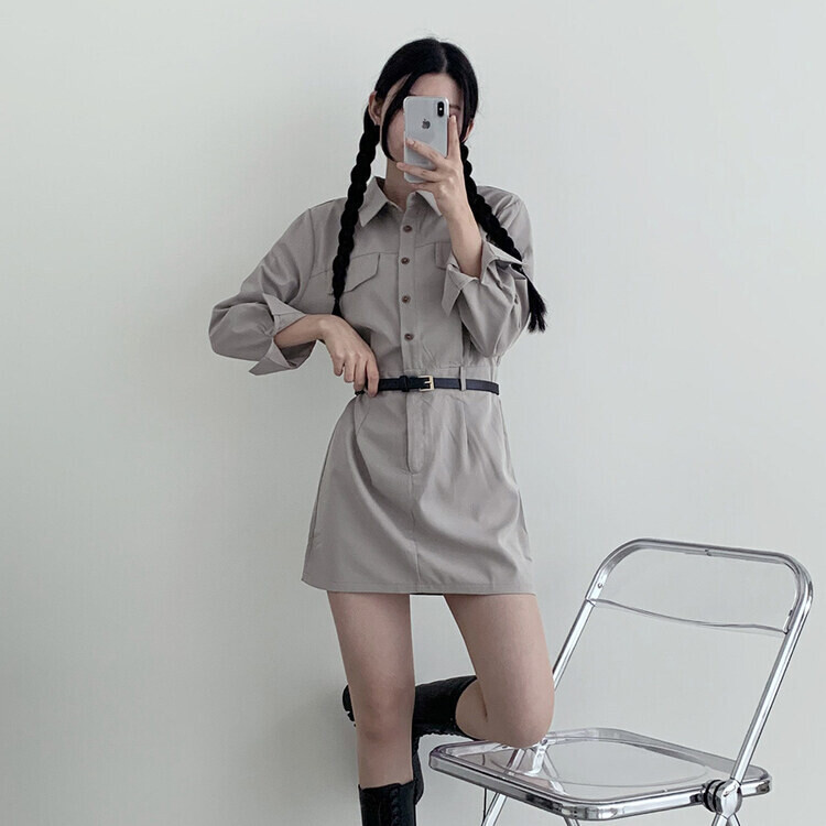 SET】ウエストバンディングミニシャツワンピース ベルト｜ミニ