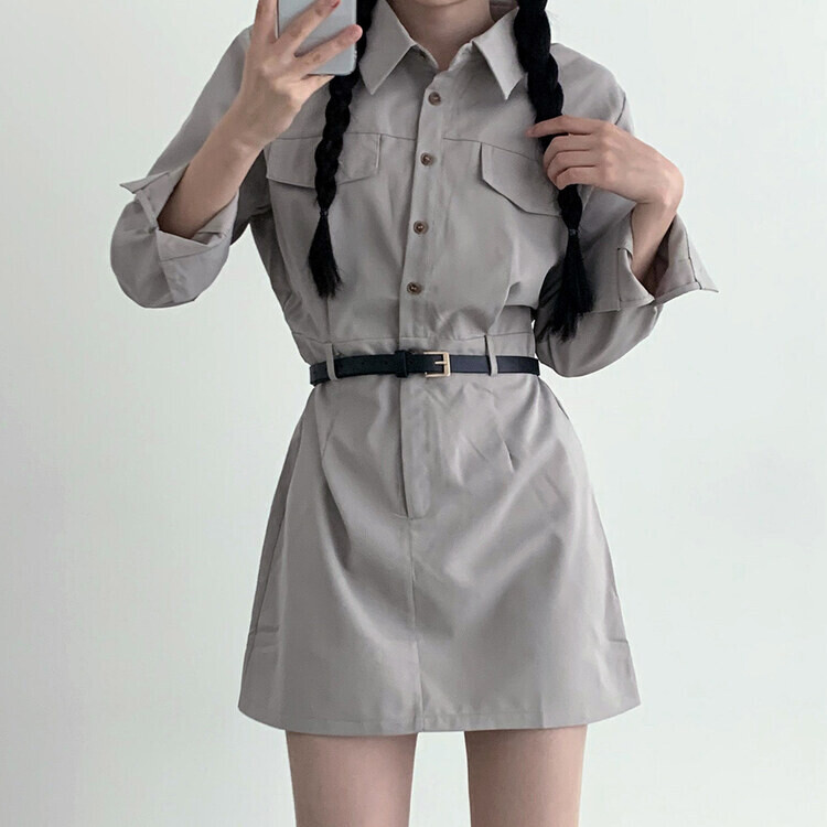SET】ウエストバンディングミニシャツワンピース ベルト｜ミニ