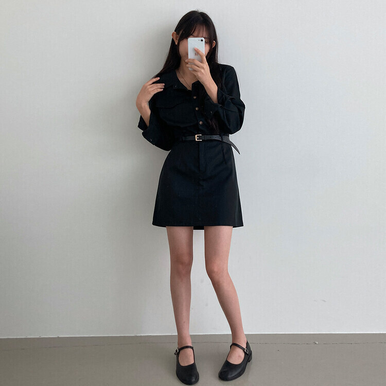 SET】ウエストバンディングミニシャツワンピース ベルト｜ミニ