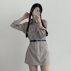 SET】ウエストバンディングミニシャツワンピース ベルト｜ミニ