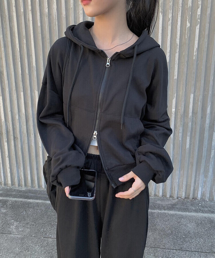 クロップダブルジップアップコットンパーカー｜ジャンパー｜韓国