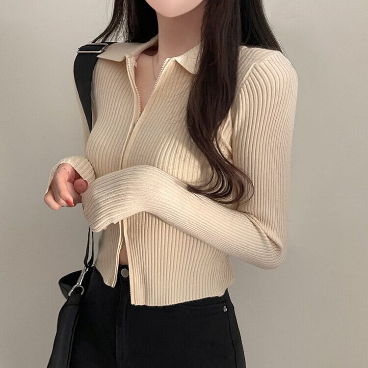 カラーネックダブルジップアップスリム長袖リブ5色｜ジャンパー｜韓国