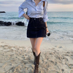 カーゴポケットノンフェードデニムパンツインスカート｜ミニ